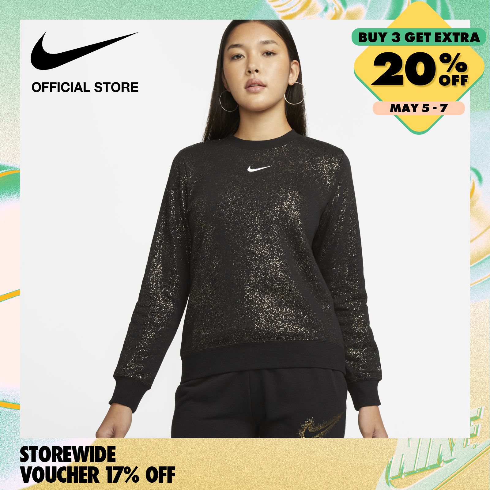 Nike Women's Sportswear AOP Crew Long Sleeve Top - Black